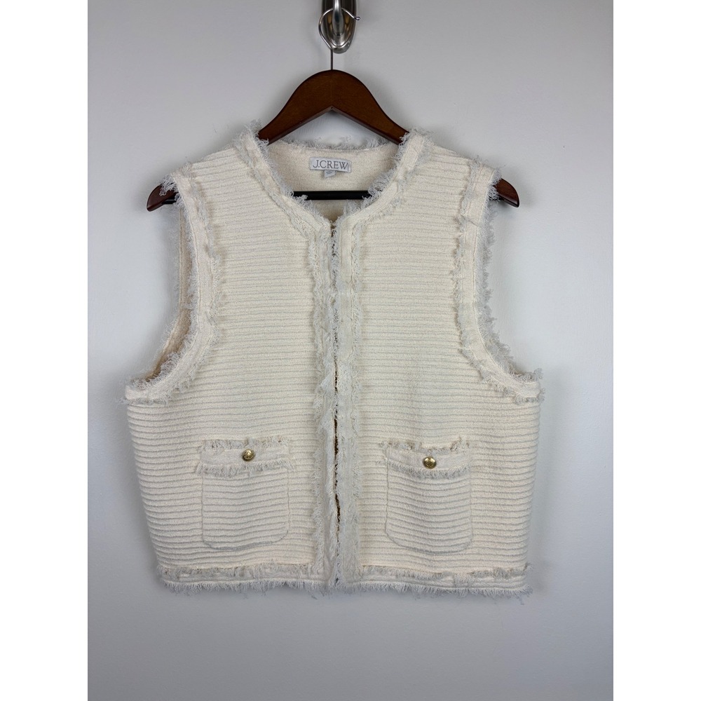 J‎ Crew Textured Fringed Sweater Vest Fine Boucle Natural Large Coastal Preppy